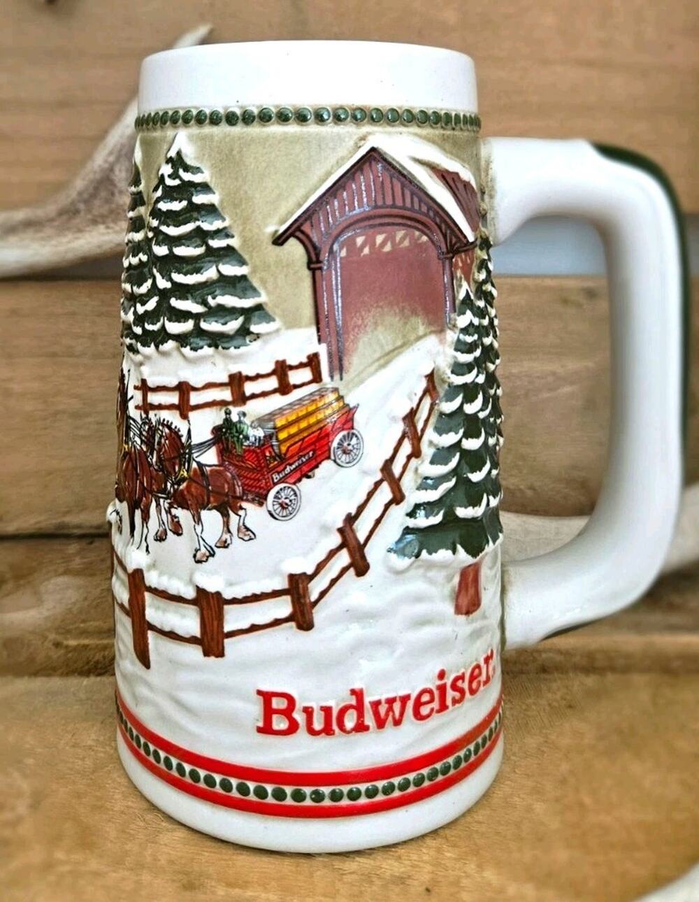 Budweiser Holiday Limited Edition Clydesdales Ceramic Beer Stein Covered Bridge